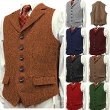 Mens Tweed Waistcoats Wool Formal Vintage Hunting Vest Herringbone Collar Suits+