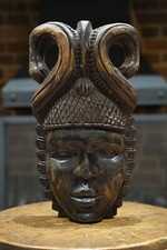 Vintage African Tribal Carved Wooden Mask Heavy Hardwood Horned Headdress 34cm