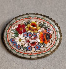 Vintage Micro Mosaic Brooch Roses and Posies Flowers Gold Tone stamped Italy 