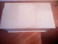 Vintage old blanket storage box chest white wood metal handles