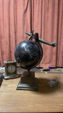 Vintage Black World Globe w/ Metal Airplane & Clock Desk Decor