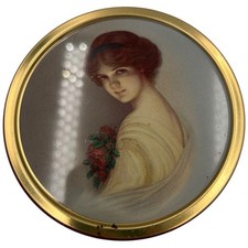 Vintage BURGUNDY Gold Metal Round Lady With Flowers Storage TIN Container