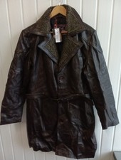 Real Leather Belted Faux Fur Collar Button Up Lined Men's Coat Brown Size 2XL FO