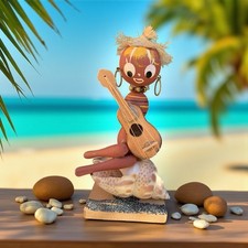 Vintage 1960s Kokeshi Style Wooden Doll Puerto Rican Guitar Shell Ornament VGC