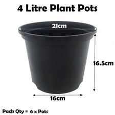 4 Litre Black Plant Pots Plastic Round Flower Pot  L LT High Quality Qty = 6