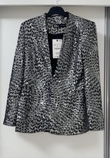 ZARA SILVER BLACK SEQUINNED PADDED SHOULDER LAPELLESS BLAZER  SIZE M BNWT