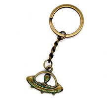 UFO Alien Spaceship Keyring I Want To Believe Bronze With Green Patina Effect