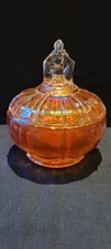 Vintage "My Lady" Lidded Marigold Carnival Glass Powder Bowl - Melon Shape
