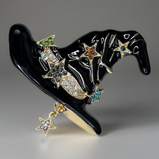Large Modern Black Enamel & Rhinestone Witches Hat Brooch Gothic Halloween