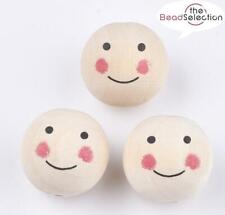 10 LARGE DOLLS HEAD HAPPY FACE 25mm ROUND WOODEN BEADS 5mm HOLE W9