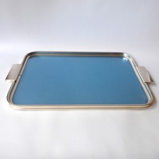 Vintage blue & gold 18" serving tray by Woodmet.  1960s/1970s retro rectangular