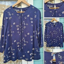 Laura Ashley UK 10 Blouse Denim Blue Floral Print Top Ladies Sleeve Flowers 