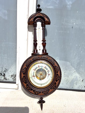 ANTIQUE VINTAGE CARVED WOOD CASE BANJO ANEROID BAROMETER & THERMOMETER