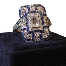 Art Deco ring silver blue enamel statement chunky rings ladies 1920style dress