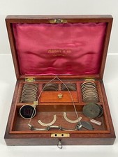 Antique Opticians / Optometrist test lens set Mahogany case PRESCOTT Co Glasgow