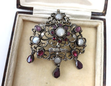 Very Large Antique Austro‑Hungarian Silver Garnet & Blister Pearl Drop Pendant