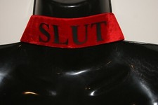 SLUT Neck Collar Choker Necklace Band Bondage Fetish Wear - Red with Black Font