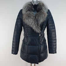 Ladies Black Real Leather Jacket Genuine Raccoon Fur Quilted Puffer mid length s