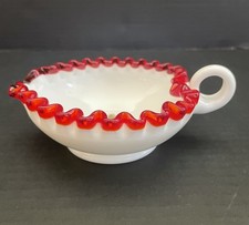 Fenton White Milk Glass Red Crest Bon Bon Candy Relish Dish 6”