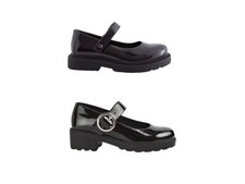 GIRLS BLACK PATENT MARY JANE SCHOOL SHOES PUMPS DOLLY WORK WITH STRAP HOOK &LOOP