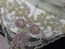 VINTAGE STUNNING GREEN ORGANZA PINK EMBROIDERY DIAMANTE SHAWL BEADED RHINESTONE