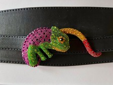 RARE Zara Black Adjustable Waist Belt Jewel Rhinestone Chameleon UK 30 Small 