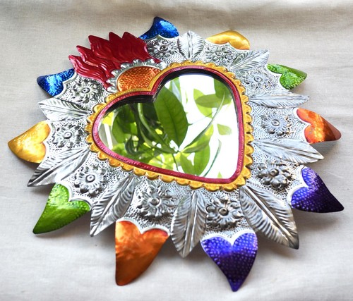 Mexican tin heart mirror - tin,
