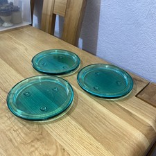 3 teal Glass Round Circular Candle Holder Plates Coaster 14cm diameter 