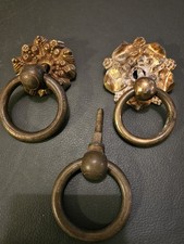 Three Very Ornate Antique Brass Bronze Drawer Cabinet Pulls Handles Georgian.