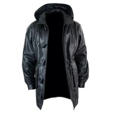 Men's Black Leather Trench Over Coat Hooded 3/4 Long Genuine Leather Duffle Coat