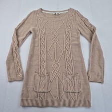 FAT FACE Jumper Dress 12 Taupe Women's Long Sleeve Cable Knit Longline Pockets