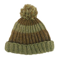 From The Source 100% Wool Beanie Bobble Hat Green Brown Handmade Nepal One Size