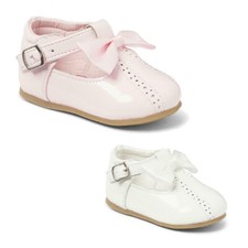 BABY GIRLS PATENT BOW SHOES WHITE PINK T BAR SPANISH STYLE SHOES GIRLS UK 3-8