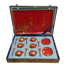 Vintage Red & Gold Plastic Style Set of 6 Cups Saucers & Serving Tray - Comments