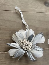 6 X Feather Flower Christmas Tree Hanging Decoration H24cm, White, Grey, Silver
