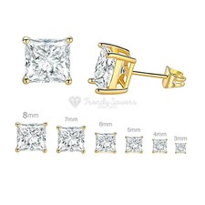 3-8MM 18ct Gold Plated Silver Princess Diamond Cut Clear Square Stud Earrings