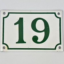 Vintage French White & Green Enamel House Door Number Plaque Number Nineteen 19