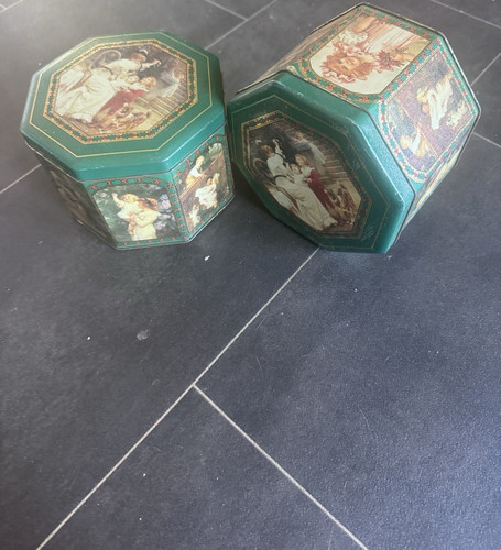 Green vintage hexagon tin - vintage,