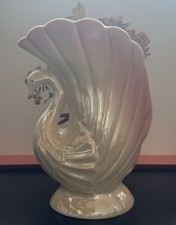 Vintage iridescent large ceramic swan vase/planter -  pink and white. c. 1970s