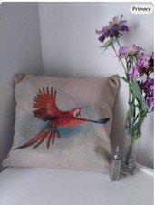 Pair of parrot cushion covers, beige background and backing, zip closure