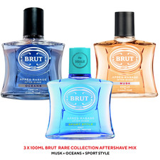 3 x 100ml Brut RARE Perfume SPORT STYLE, MUSK, OCEANS Aftershave Lotion Unboxed