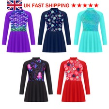 UK Kids Girls Print Swim Dress Beachwear Rashguard UPF 50+ Zipper Swimwear Skirt