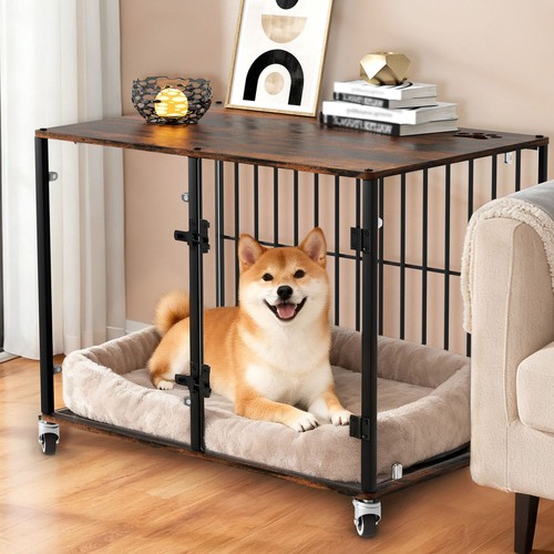 Rolling wood dog crate - wood,