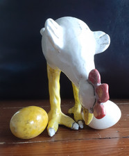 Ceramic Chicken/Rooster with a Couple of Stone Polished Eggs, Signed AJ