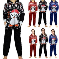 Kids Girls Boys Novelty Christmas Penguin Fleece Hooded One Piece Jumpsuit