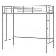Metal Loft Bed Frame W/ Safety Guardrail Dual Ladders Space Saving Design Sliver