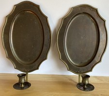 Pair Antique Brass Wall Candle Sconces Oval Reflector Plates 14in Riveted
