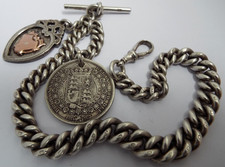 STUNNING HUGE EXTRA HEAVY 105g ANTIQUE 1913 STERLING SILVER ALBERT WATCH CHAIN
