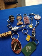 Keyrings x 12, inc: Hells Angel skull, one legged sea captain, poker chip..etc