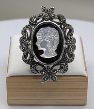 Fabulous Statement 925 Sterling Silver MOP & Marcasite Antique Style Cameo Ring 